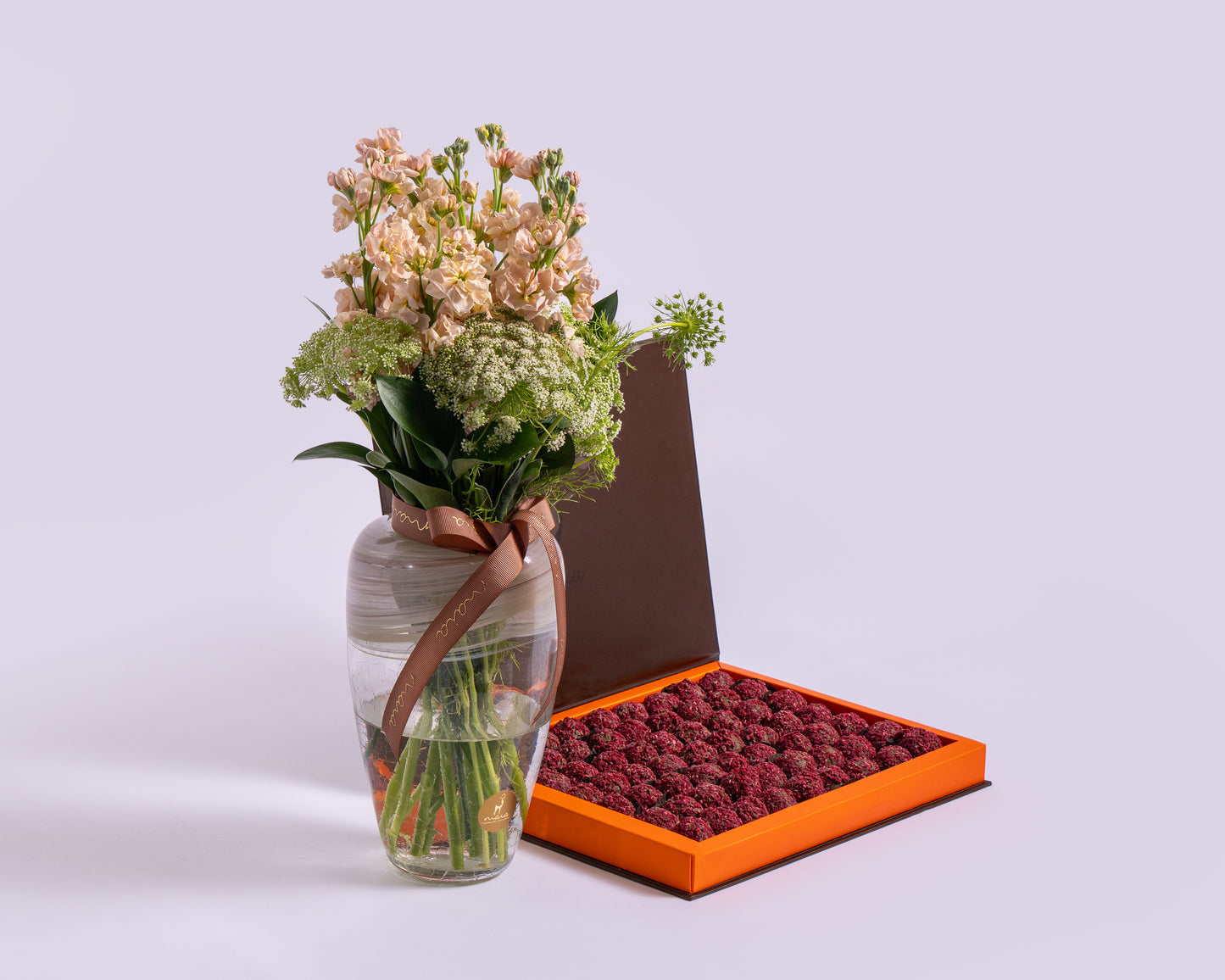 Premium Madlen Raspberry Truffles Box with Deco Green with Glass Vase