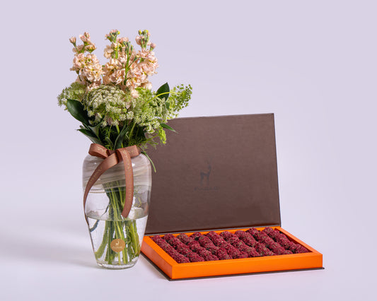 Premium Madlen Raspberry Truffles Box with Deco Green with Glass Vase