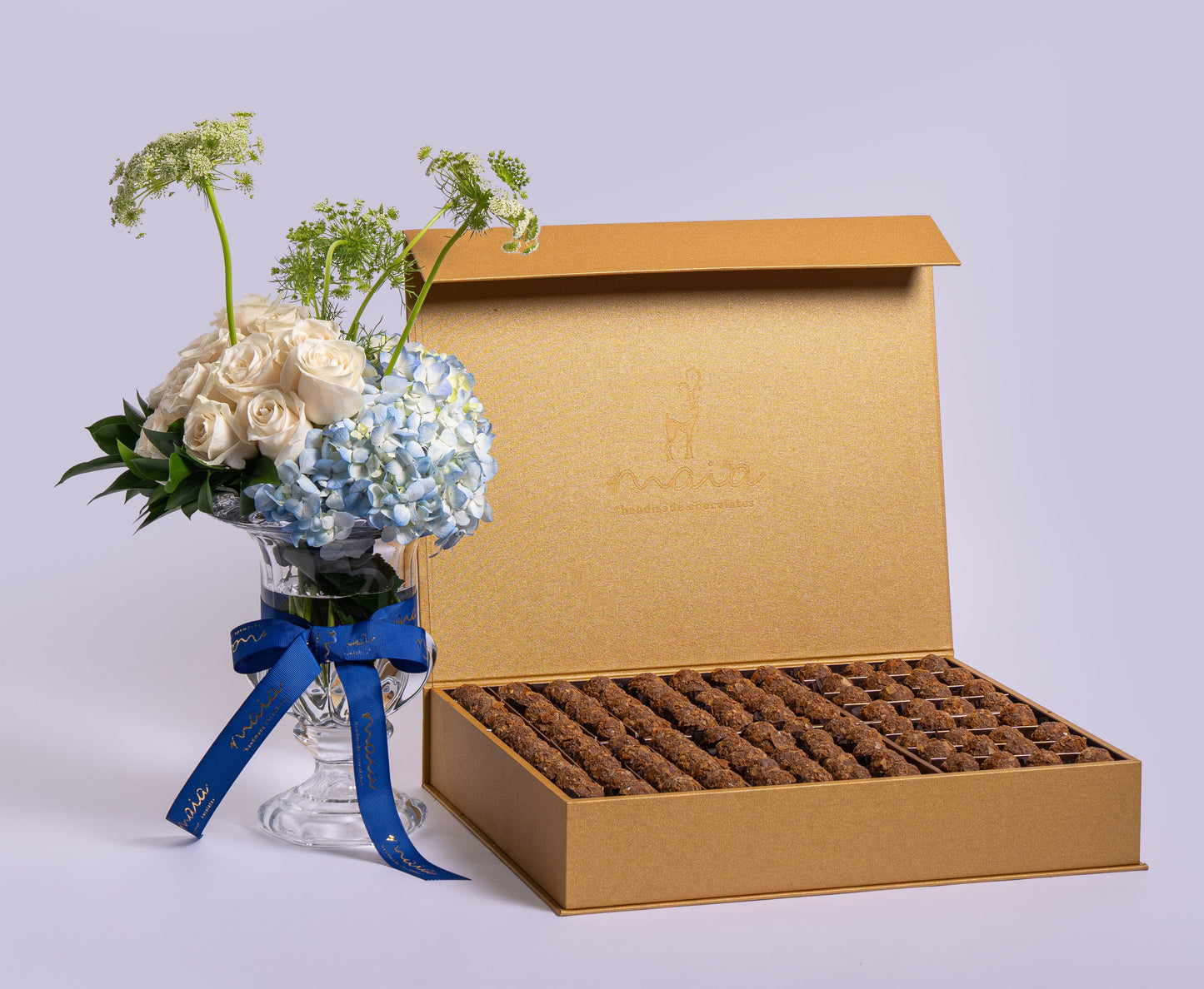 Premium Gold Tahini Truffles Box Rosita with Vendela with Cyrstal Vase