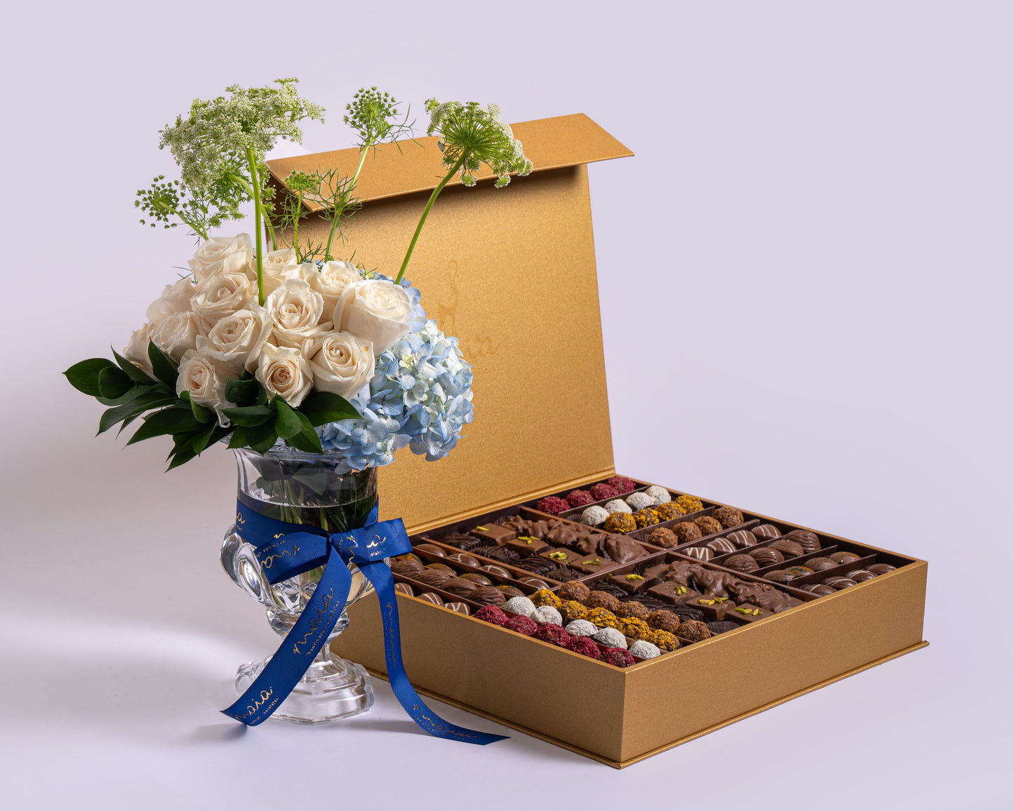 Premium Gold Assorted Chocolate Box with Rosita Vendela with Cyrstal Vase