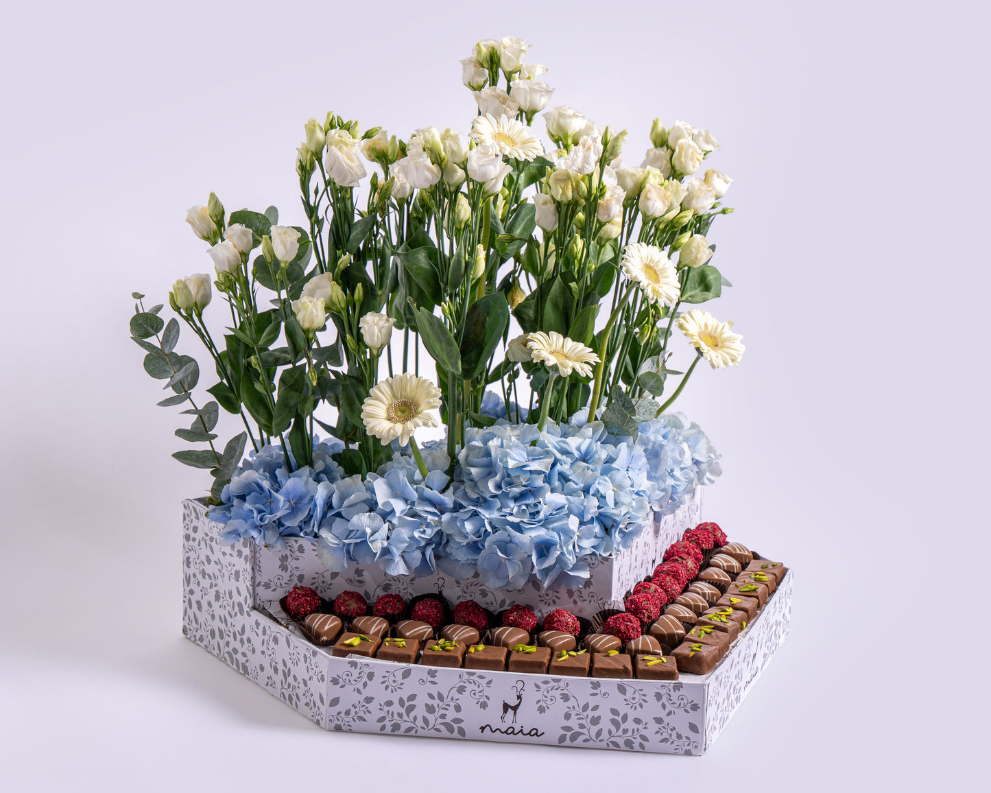 Elegante Triangle Assorted Chocolate Box with Blue Hydrangea