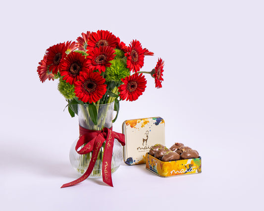 Small Box Assorted Chocolate Dates with Red Gerbera