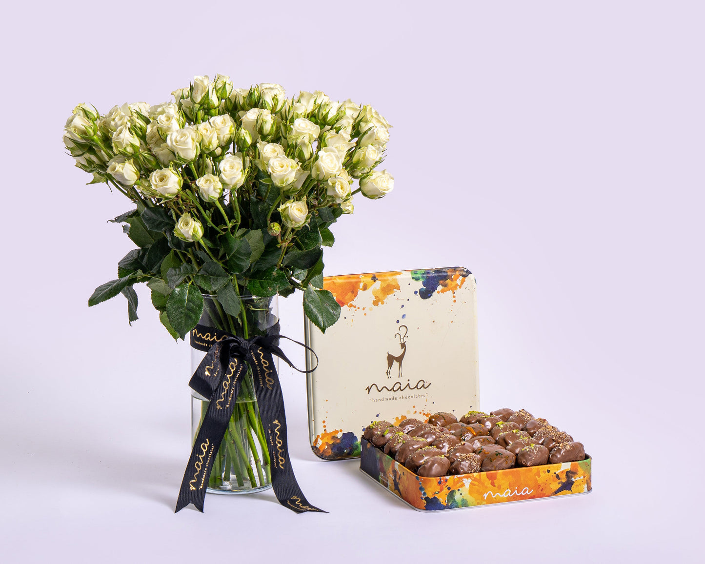 Large Box Assorted Chocolate Dates with Spray Roses Glass Vase