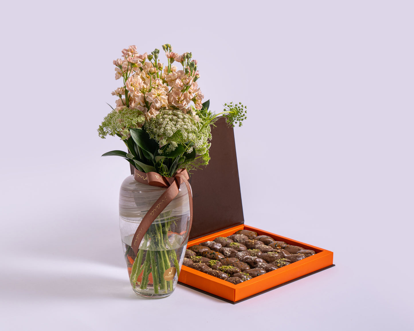 Premium Madlen Assorted Chocolate Dates Box with Deco Green with Glass Vase