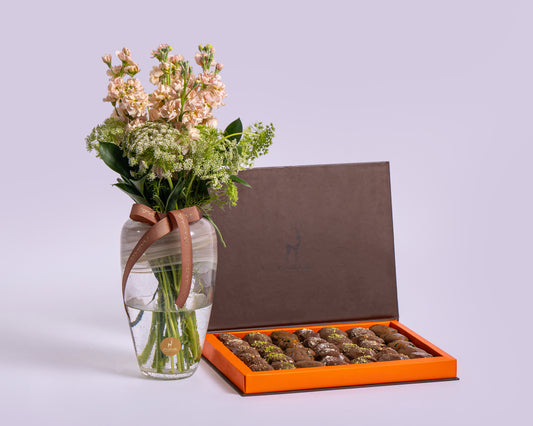 Premium Madlen Assorted Chocolate Dates Box with Deco Green with Glass Vase
