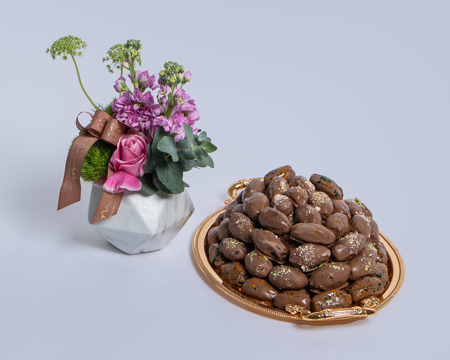 Premium Small Assorted Chocolate Dates Tray with Deco Green with Glass Vase