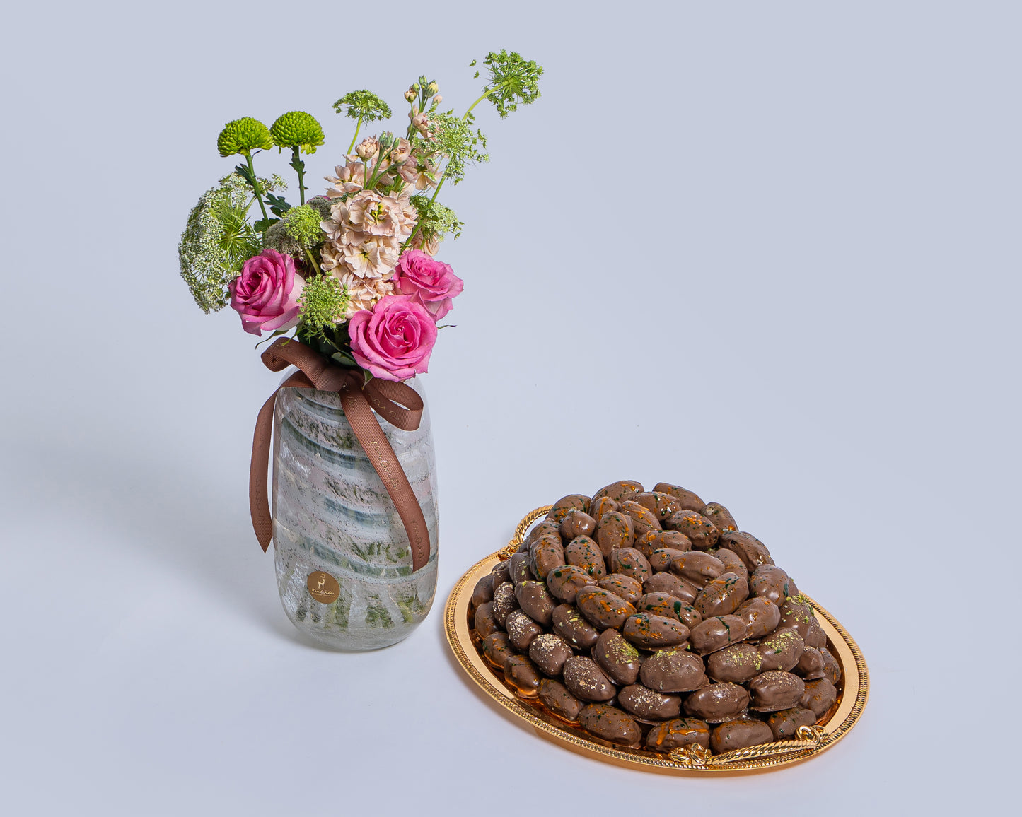 Premium Medium Assorted Chocolate Dates Tray with Deco Green with Glass Vase