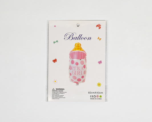 Pink baby bottle balloon welcomes a girl