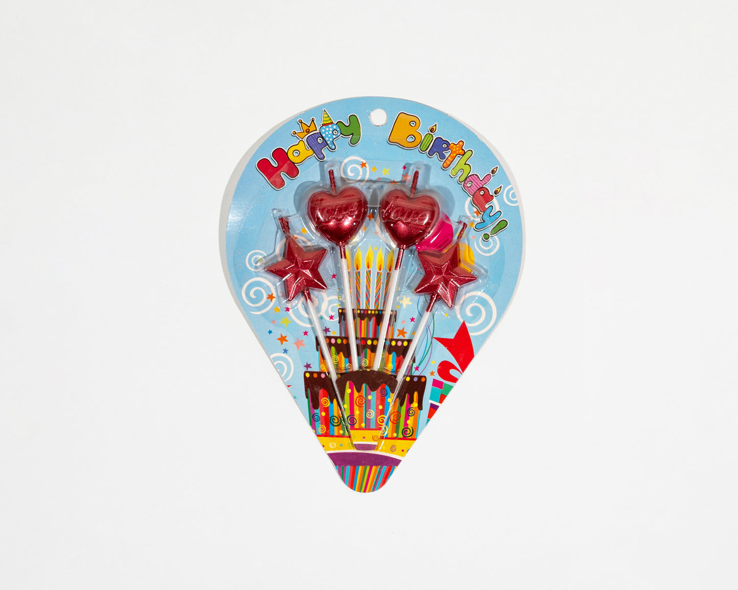 Hearts and stars candles decorate the cake - red