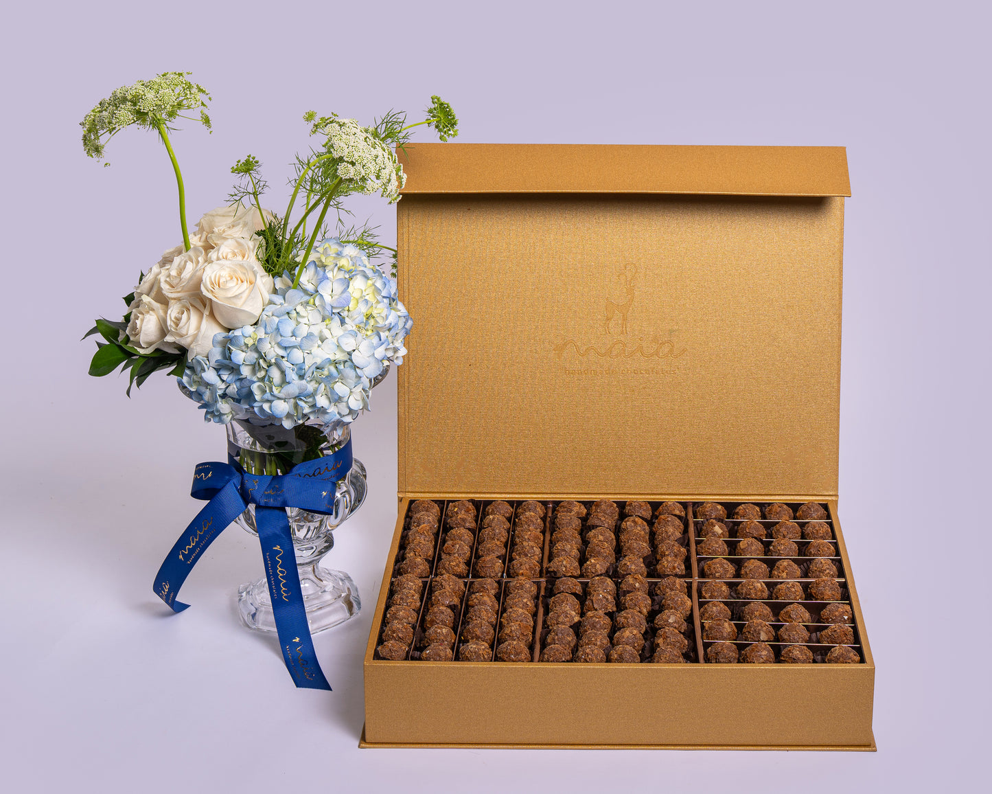 Premium Gold Tahini Truffles Box Rosita with Vendela with Cyrstal Vase