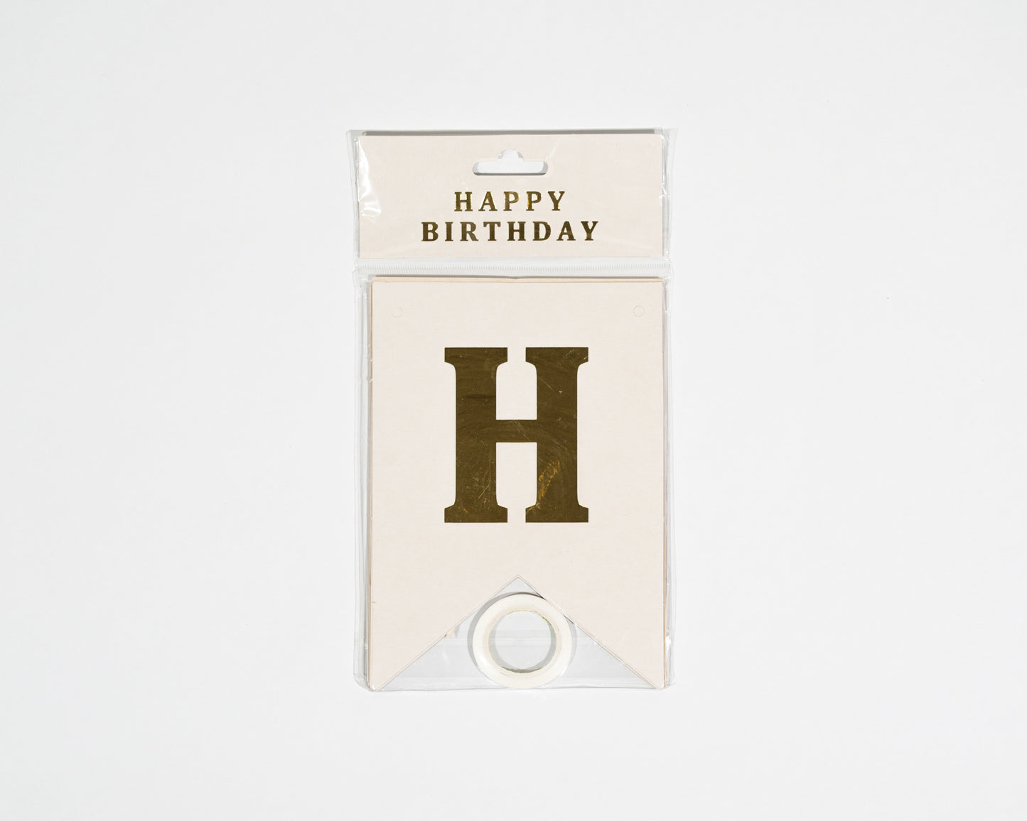 Happy Birthday banner decorates any space gold and white