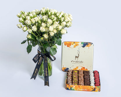 Large Box Assorted Chocolates with Spray Roses Glass Vase