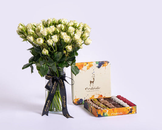 Large Box Assorted Chocolates with Spray Roses Glass Vase