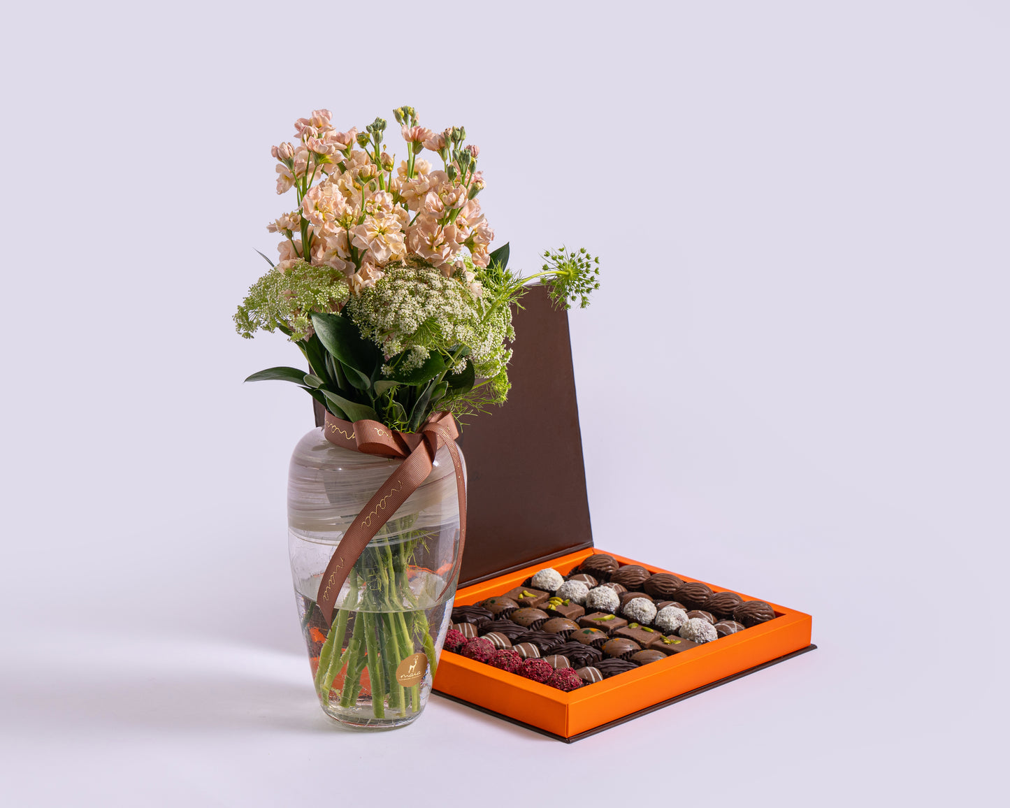 Premium Madlen Assorted Chocolate Box with Deco Green with Glass Vase