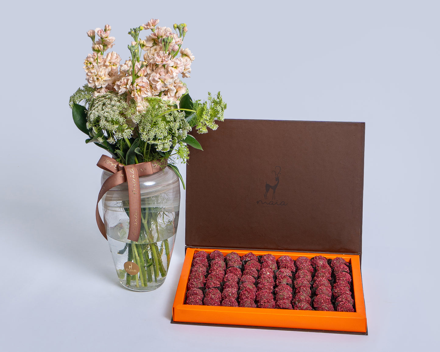 Premium Madlen Raspberry  Truffles Box with Deco Green with Glass Vase