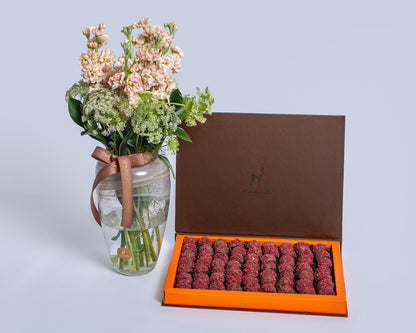 Premium Madlen Raspberry  Truffles Box with Deco Green with Glass Vase