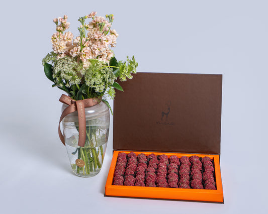 Premium Madlen Raspberry  Truffles Box with Deco Green with Glass Vase