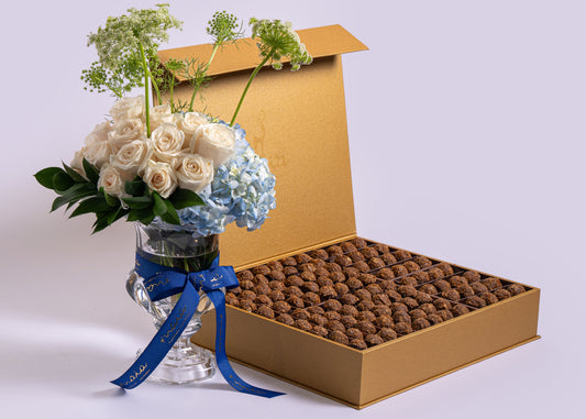 Premium Gold Tahini Truffles Box Rosita with Vendela with Cyrstal Vase
