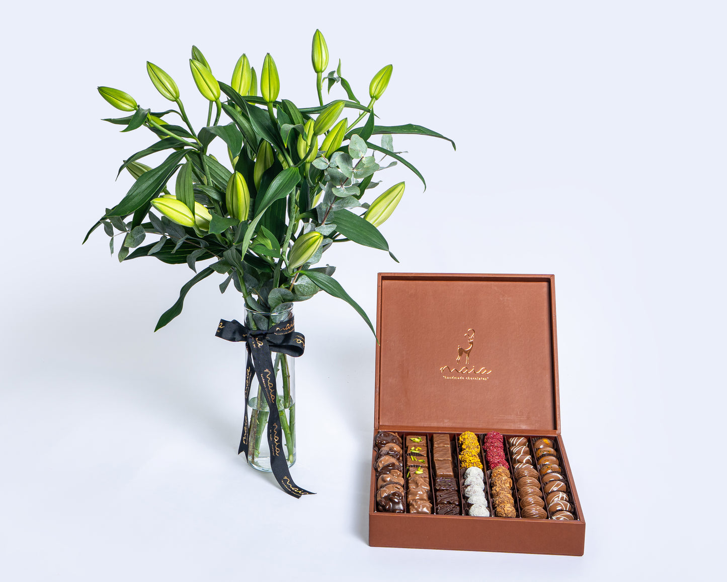 Premium Leather Assorted Chocolate Box with Stems Lily White