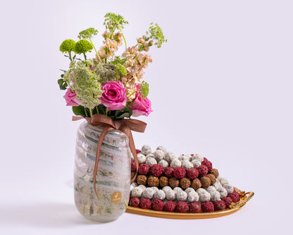 Premium Medium Assorted Chocolate Tray with Deco Green with Glass Vase