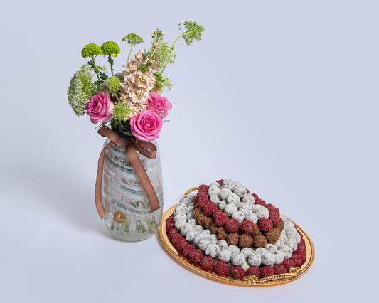 Premium Medium Assorted Chocolate Tray with Deco Green with Glass Vase