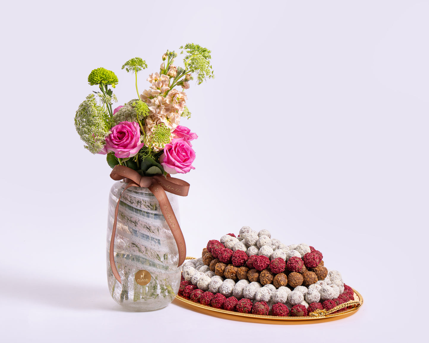 Premium Medium Assorted Chocolate Tray with Deco Green with Glass Vase