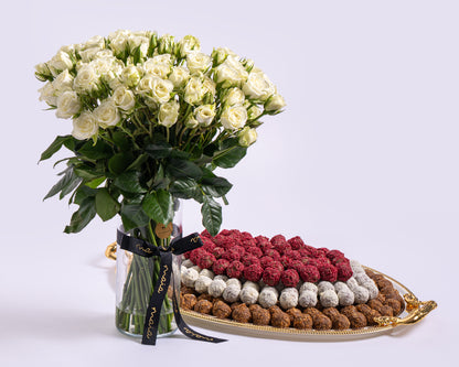 Premium Large Assorted Chocolate Tray with Spray Roses Glass Vase