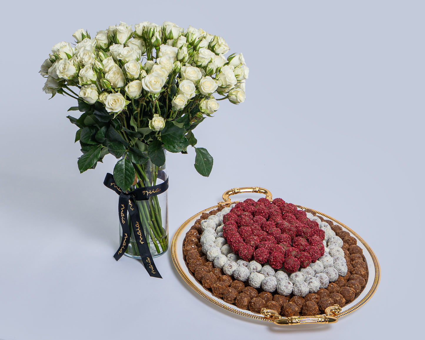 Premium Large Assorted Chocolate Tray with Spray Roses Glass Vase