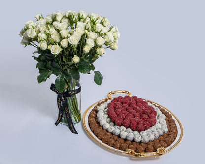 Premium Large Assorted Chocolate Tray with Spray Roses Glass Vase