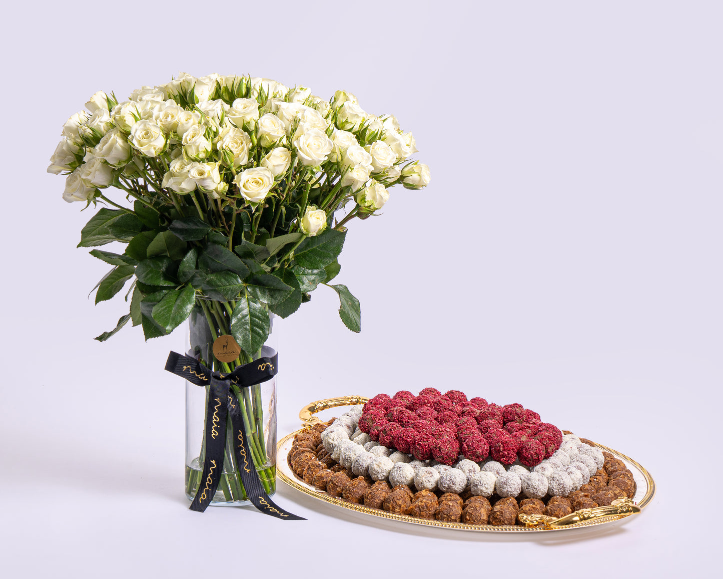 Premium Large Assorted Chocolate Tray with Spray Roses Glass Vase
