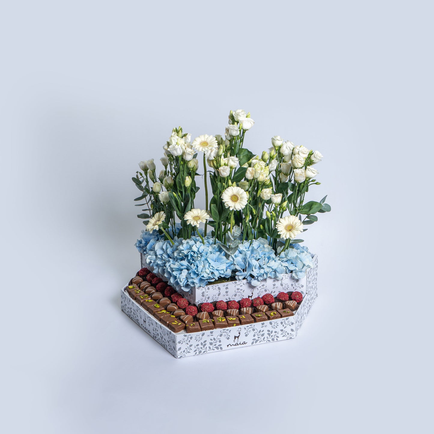 Elegante Triangle Assorted Chocolate Box with Blue Hydrangea