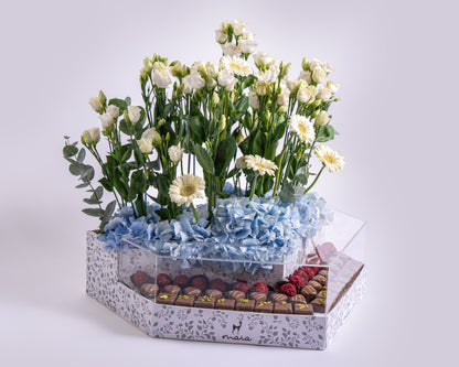 Elegante Triangle Assorted Chocolate Box with Blue Hydrangea