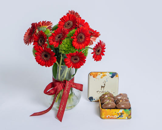 Small Box Assorted Chocolate Dates with Red Gerbera