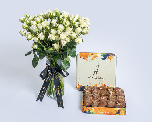 Large Box Assorted Chocolate Dates with Spray Roses Glass Vase