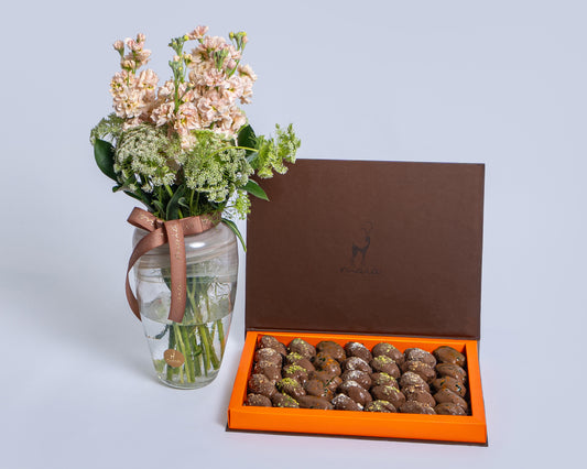 Premium Madlen Assorted Chocolate Dates Box with Deco Green with Glass Vase