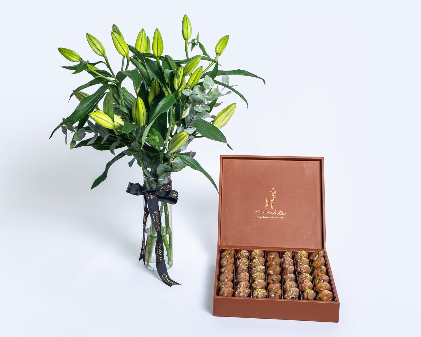 Premium Leather Assorted Chocolate Dates Box with Stems Lily White