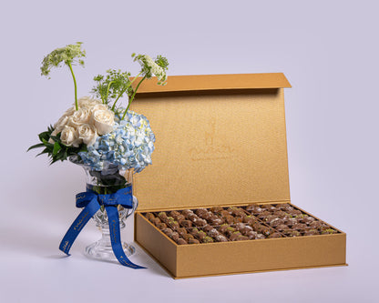 Premium Gold Assorted Chocolate Dates Box with Rosita Vendela with Cyrstal Vase