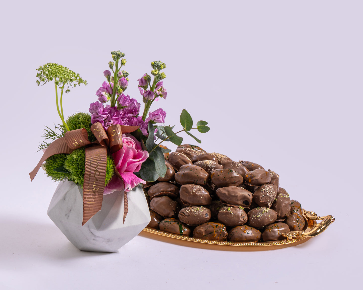 Premium Small Assorted Chocolate Dates Tray with Deco Green with Glass Vase