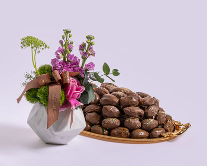 Premium Small Assorted Chocolate Dates Tray with Deco Green with Glass Vase
