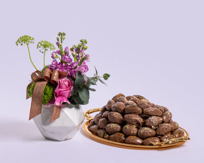 Premium Small Assorted Chocolate Dates Tray with Deco Green with Glass Vase