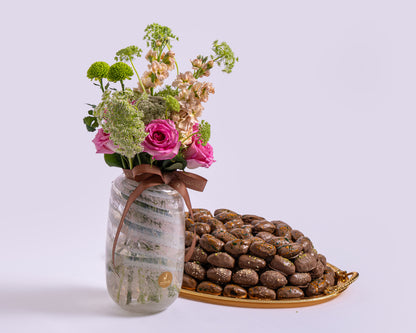 Premium Medium Assorted Chocolate Dates Tray with Deco Green with Glass Vase