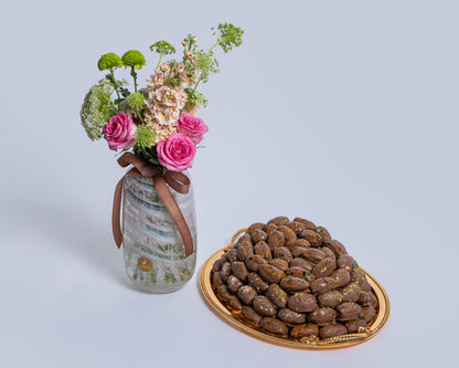 Premium Medium Assorted Chocolate Dates Tray with Deco Green with Glass Vase