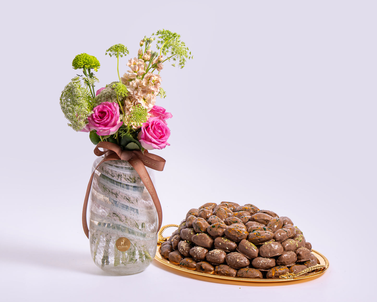 Premium Medium Assorted Chocolate Dates Tray with Deco Green with Glass Vase