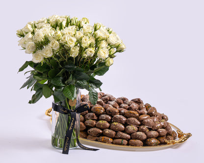 Premium Large Assorted Chocolate Dates Tray with Spray Roses Glass Vase