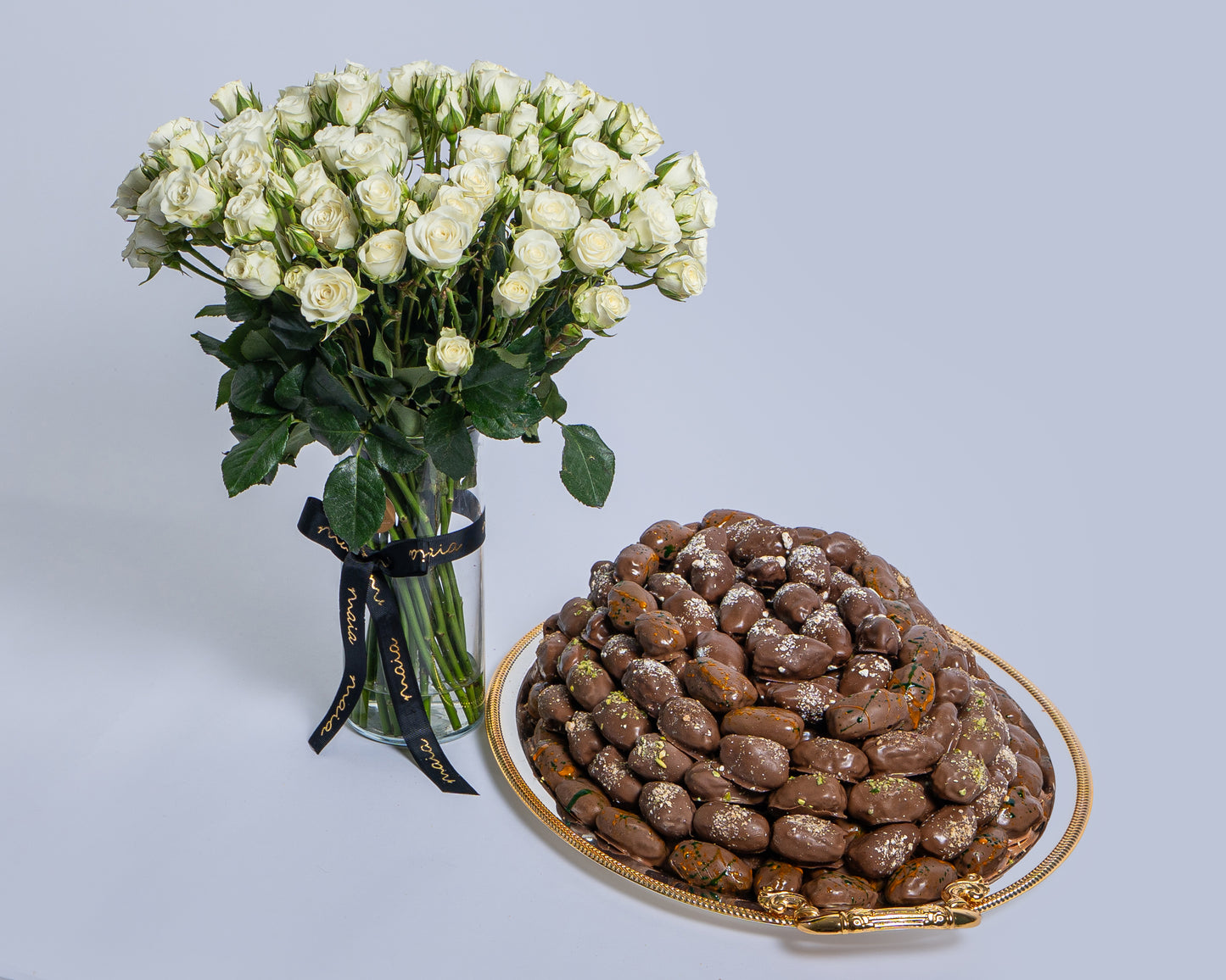 Premium Large Assorted Chocolate Dates Tray with Spray Roses Glass Vase