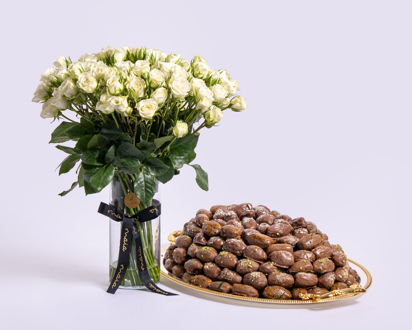 Premium Large Assorted Chocolate Dates Tray with Spray Roses Glass Vase