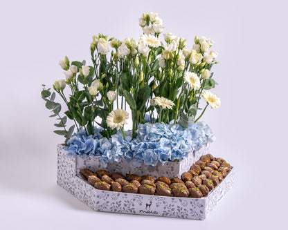 Elegante Triangle Assorted Chocolate Dates Box with Blue Hydrangea