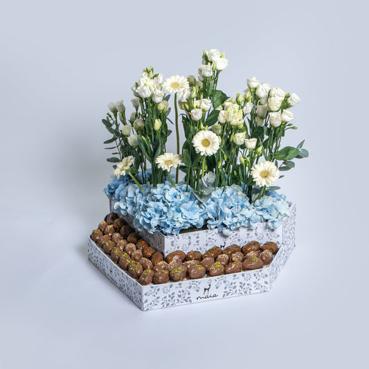 Elegante Triangle Assorted Chocolate Dates Box with Blue Hydrangea