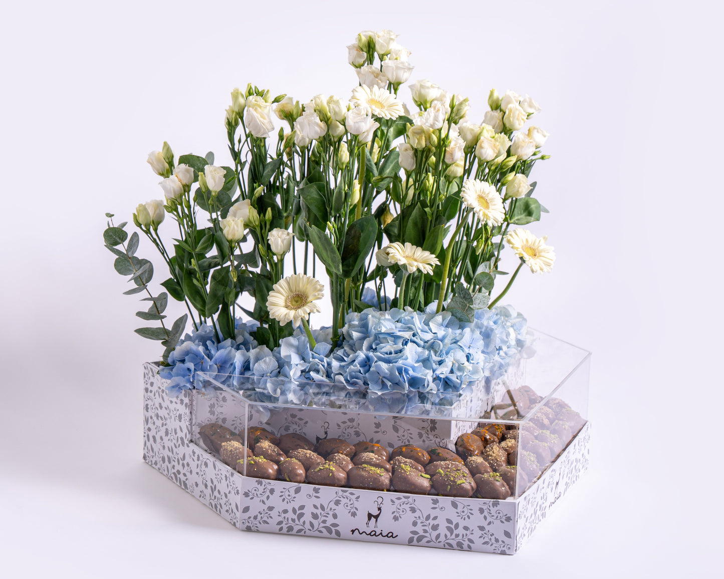 Elegante Triangle Assorted Chocolate Dates Box with Blue Hydrangea