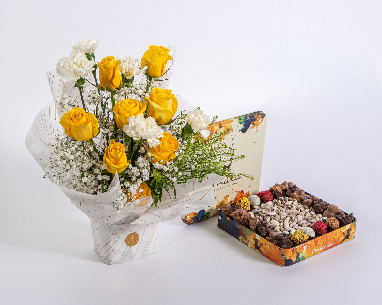 Yellow Rose & White Carnation Duo Gift Box